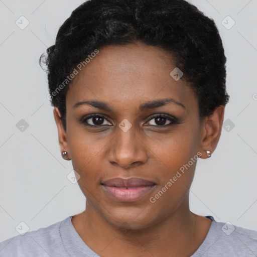 Neutral black young-adult female with short  black hair and brown eyes