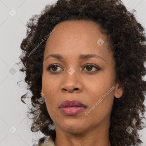 Joyful black adult female with medium  brown hair and brown eyes