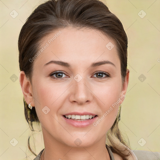 Joyful white young-adult female with medium  brown hair and brown eyes