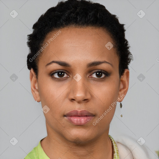 Neutral black young-adult female with short  black hair and brown eyes