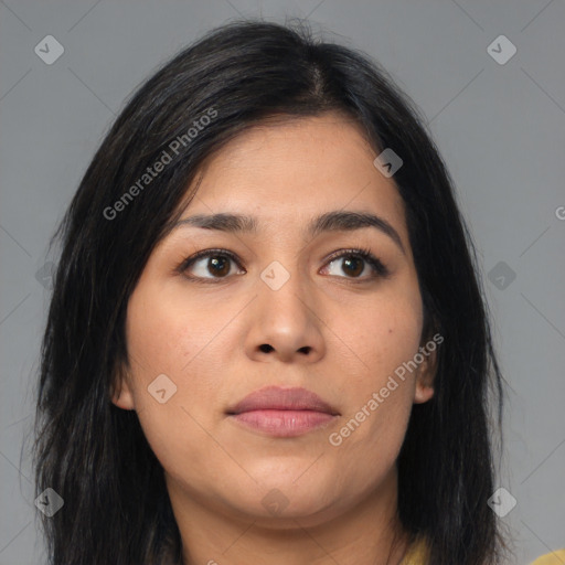 Joyful latino young-adult female with medium  black hair and brown eyes