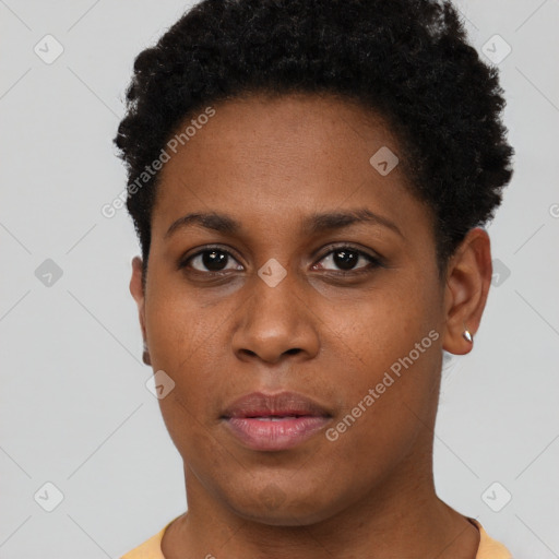 Neutral black young-adult female with short  brown hair and brown eyes