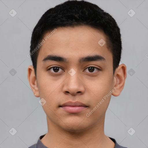 Neutral latino young-adult male with short  black hair and brown eyes