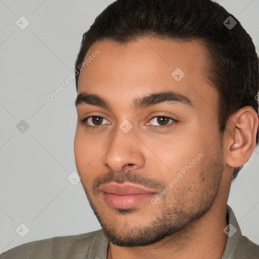 Neutral white young-adult male with short  brown hair and brown eyes