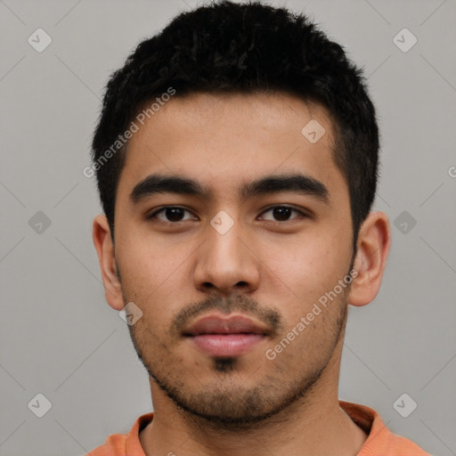 Neutral latino young-adult male with short  black hair and brown eyes