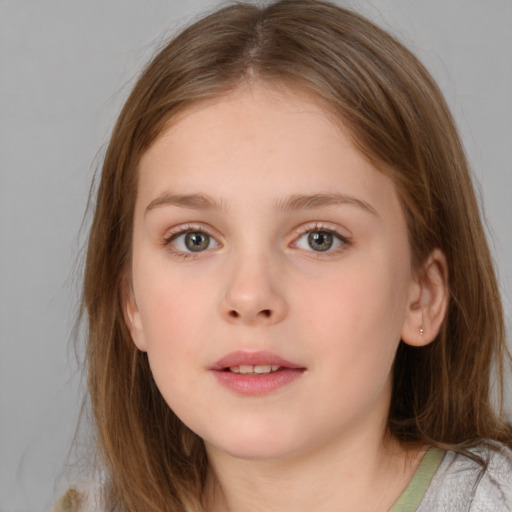 Neutral white child female with medium  brown hair and grey eyes