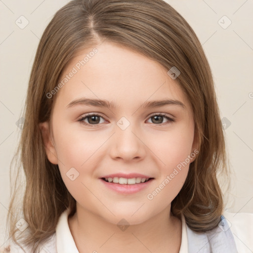 Joyful white child female with medium  brown hair and brown eyes