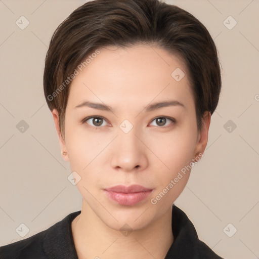 Neutral white young-adult female with short  brown hair and brown eyes