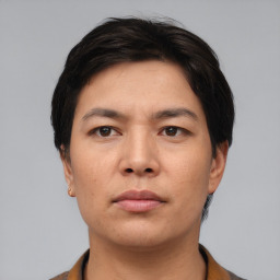 Neutral asian young-adult male with short  black hair and brown eyes