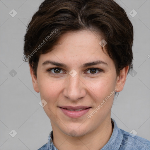 Joyful white young-adult female with short  brown hair and grey eyes