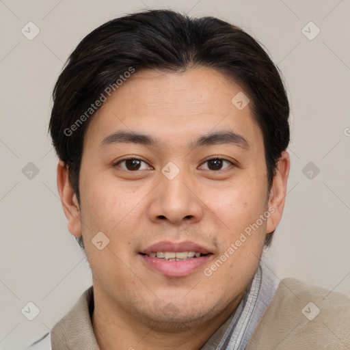 Joyful asian young-adult male with short  brown hair and brown eyes