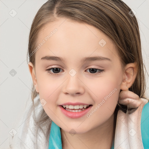 Joyful white child female with medium  brown hair and brown eyes