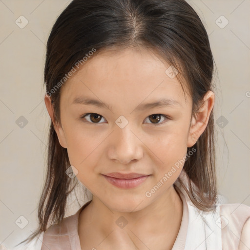 Joyful white child female with medium  brown hair and brown eyes