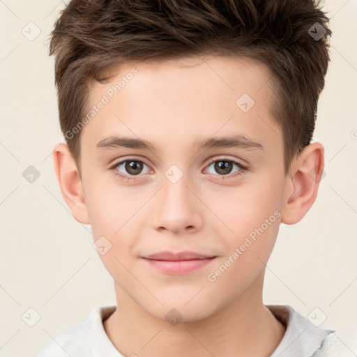 Joyful white child male with short  brown hair and brown eyes