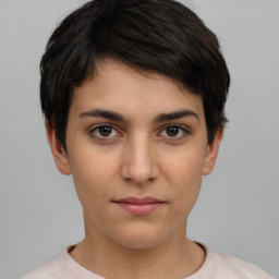 Neutral white young-adult female with short  brown hair and brown eyes