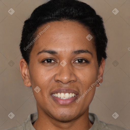 Joyful latino young-adult female with short  black hair and brown eyes