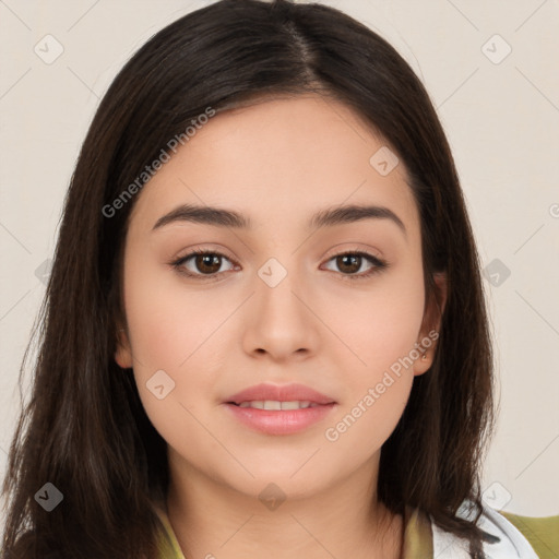 Neutral white young-adult female with long  brown hair and brown eyes