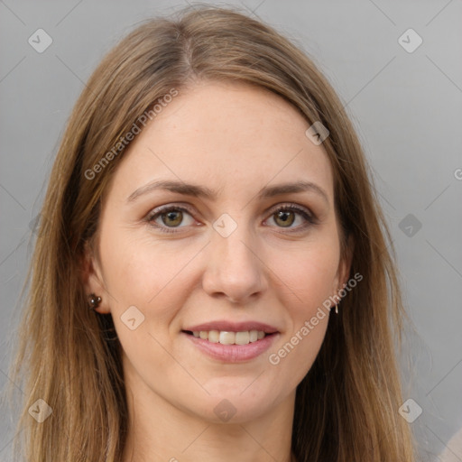 Joyful white young-adult female with long  brown hair and brown eyes