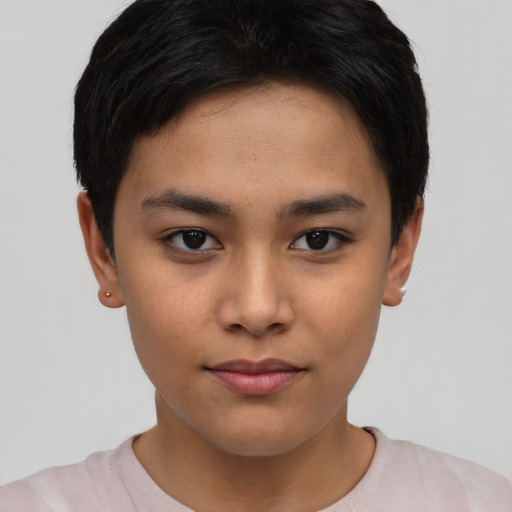 Joyful asian young-adult female with short  black hair and brown eyes