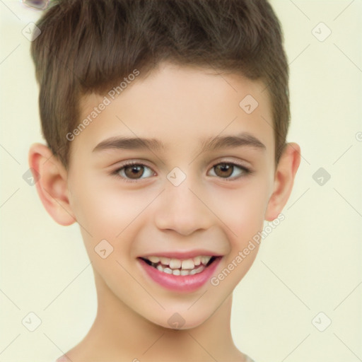 Joyful white child male with short  brown hair and brown eyes