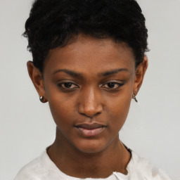 Neutral black young-adult female with short  black hair and brown eyes