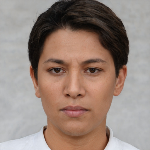 Neutral white young-adult female with short  brown hair and brown eyes