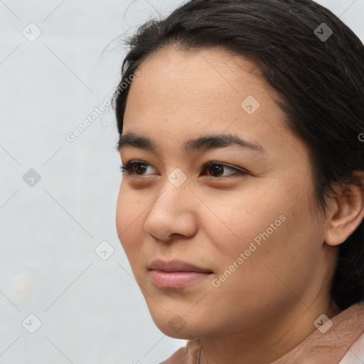 Neutral white young-adult female with short  brown hair and brown eyes