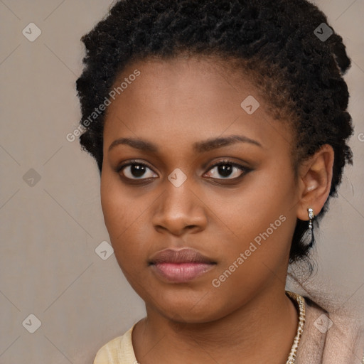 Neutral black young-adult female with short  brown hair and brown eyes