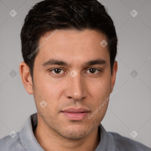 Neutral white young-adult male with short  brown hair and brown eyes