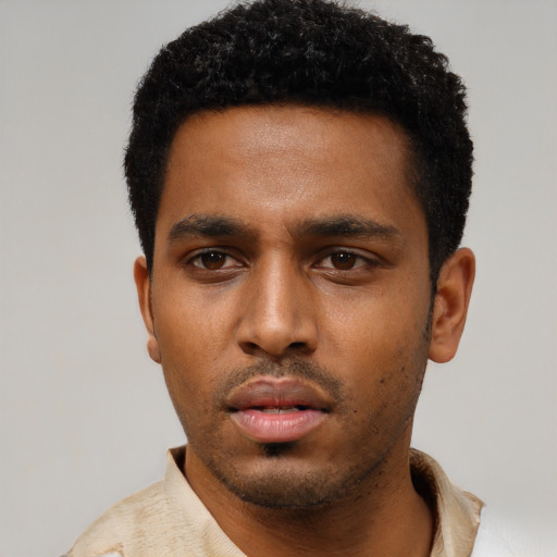 Neutral black young-adult male with short  black hair and brown eyes