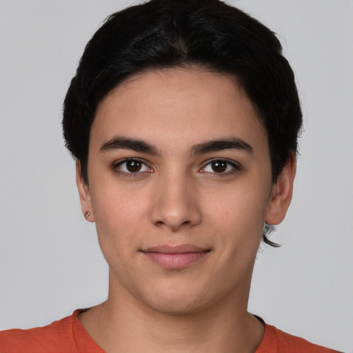 Neutral white young-adult female with short  black hair and brown eyes