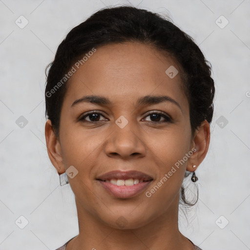 Joyful latino young-adult female with short  brown hair and brown eyes