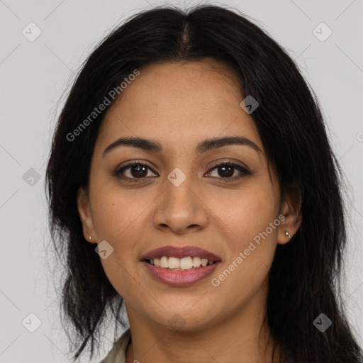 Joyful latino young-adult female with long  brown hair and brown eyes