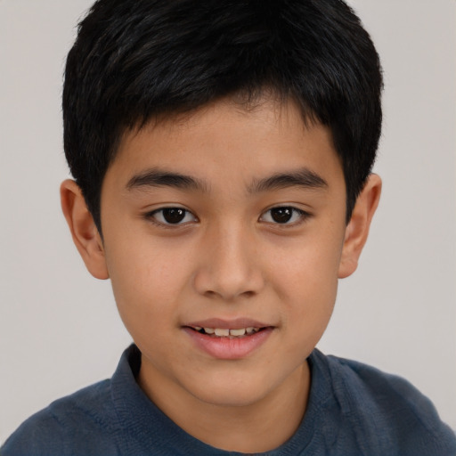 Joyful asian child male with short  brown hair and brown eyes