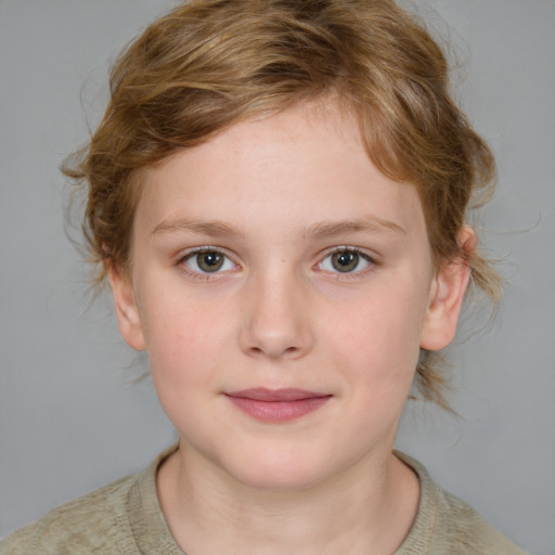 Joyful white child female with medium  brown hair and blue eyes