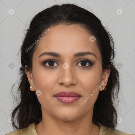 Joyful latino young-adult female with medium  brown hair and brown eyes