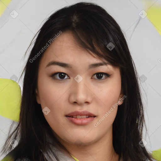 Joyful asian young-adult female with medium  brown hair and brown eyes