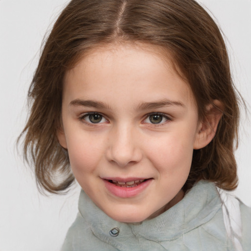 Joyful white child female with medium  brown hair and brown eyes