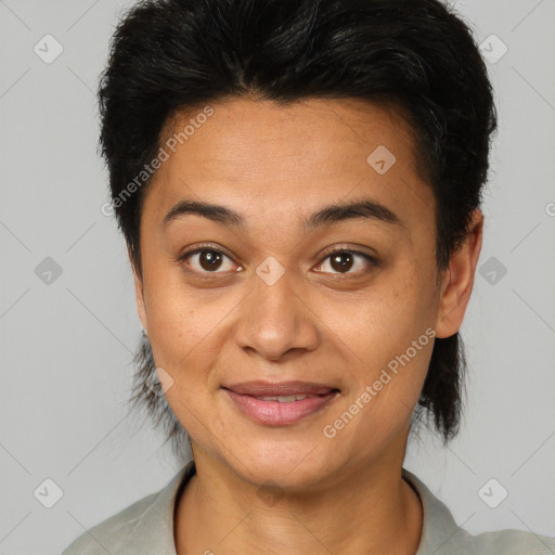 Joyful asian young-adult female with short  brown hair and brown eyes