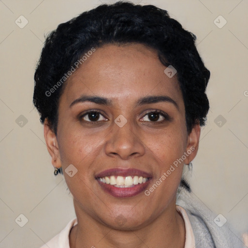 Joyful latino young-adult female with short  black hair and brown eyes