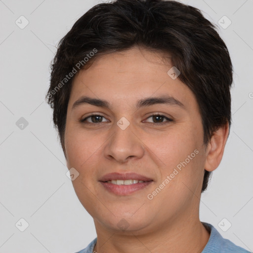 Joyful white young-adult female with short  brown hair and brown eyes