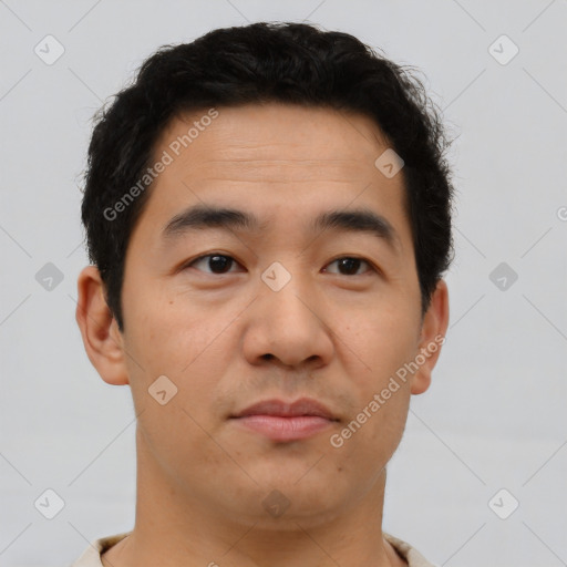 Neutral asian young-adult male with short  brown hair and brown eyes