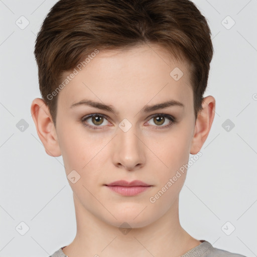 Neutral white young-adult female with short  brown hair and brown eyes