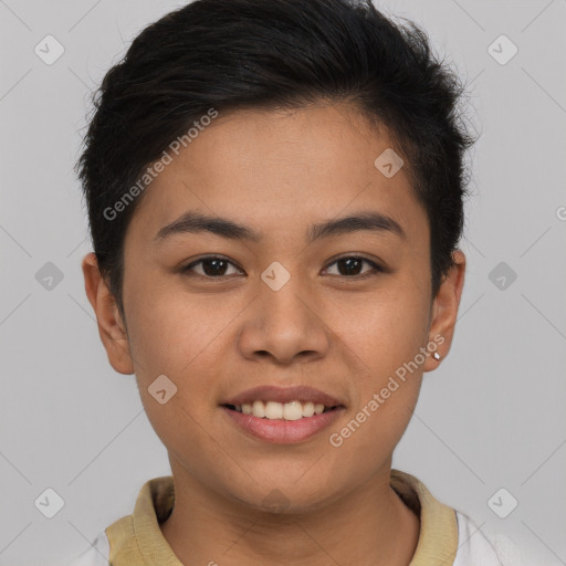 Joyful white young-adult female with short  brown hair and brown eyes