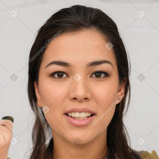 Joyful white young-adult female with long  brown hair and brown eyes