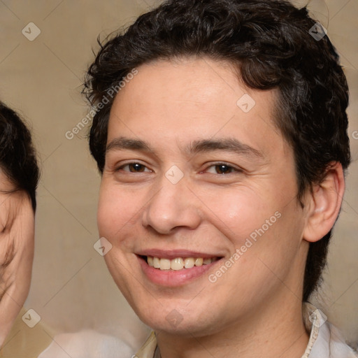 Joyful white young-adult male with medium  brown hair and brown eyes