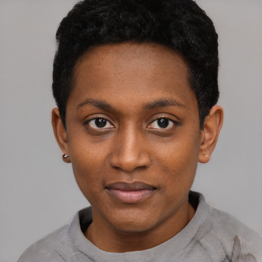 Neutral black young-adult female with short  black hair and brown eyes