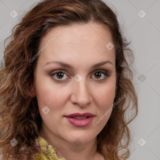 Joyful white young-adult female with medium  brown hair and green eyes