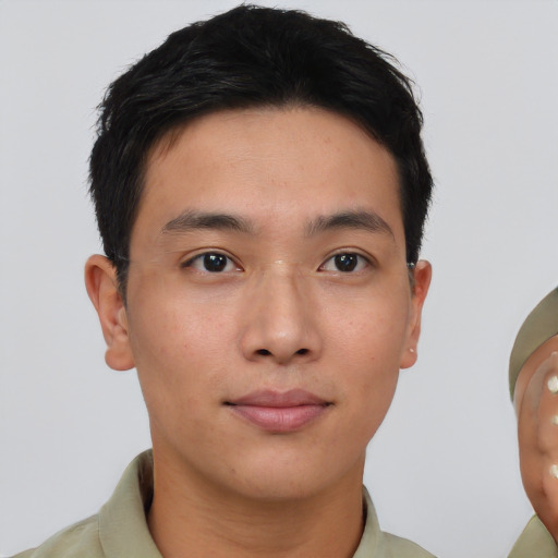 Neutral asian young-adult male with short  brown hair and brown eyes