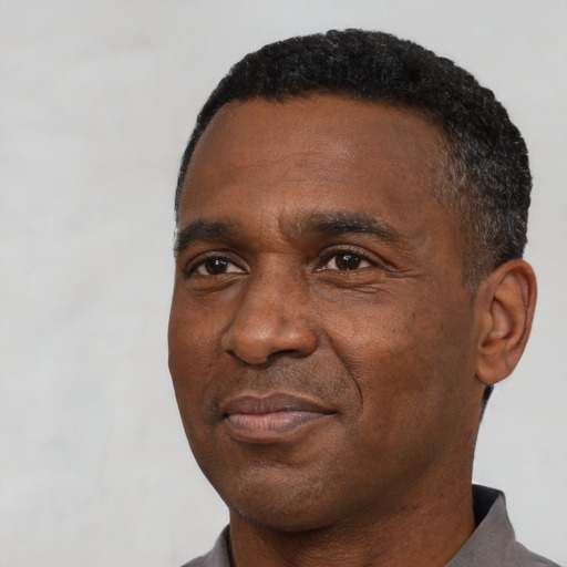 Neutral black adult male with short  black hair and brown eyes